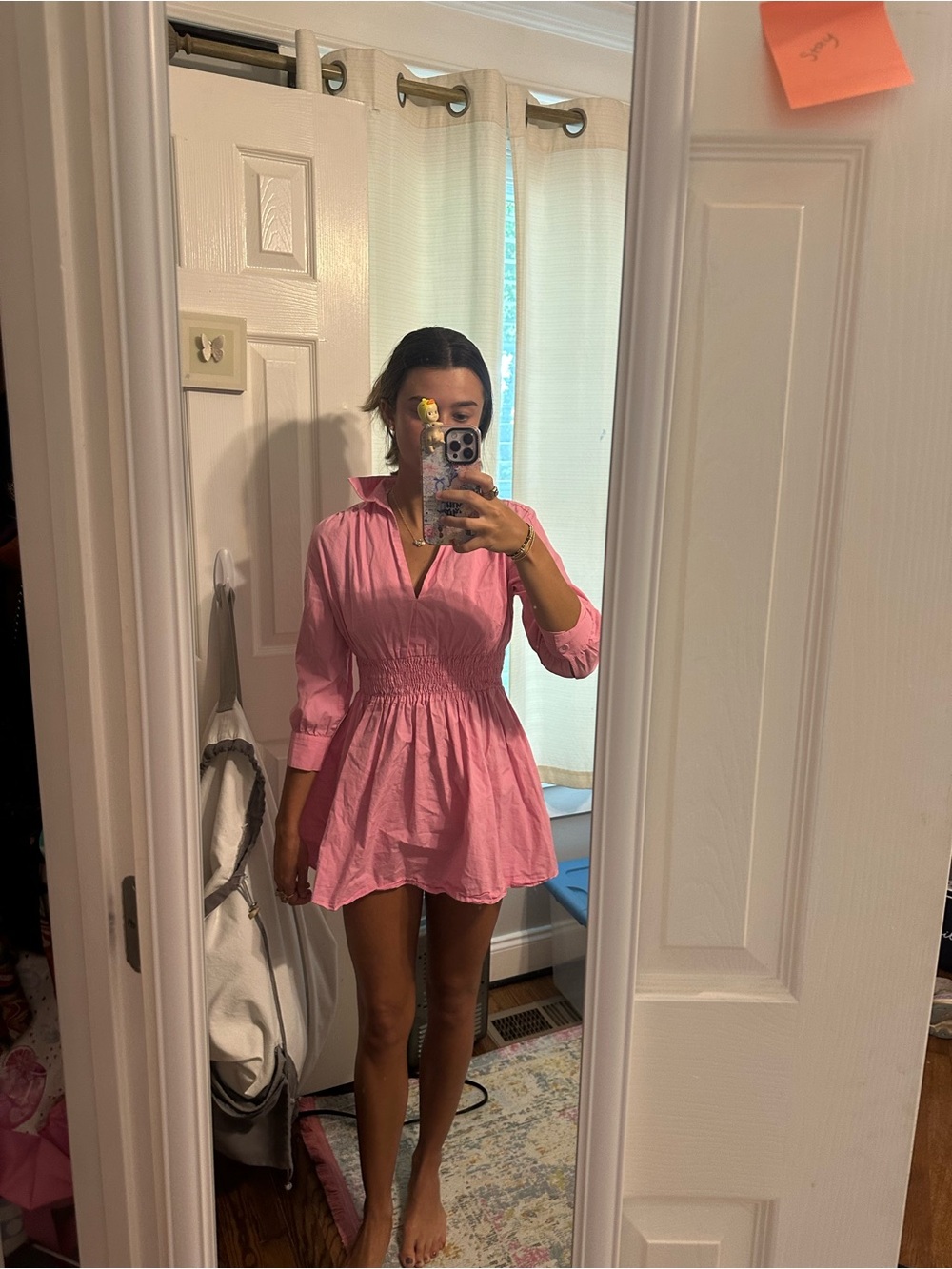 Zara Pink Smocked-Waist Mini Shirt Dress - Picture 2 of 3